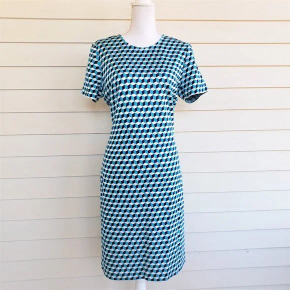 NWT St John Blue/White geomietric cube sweater dress - Picture 1 of 10